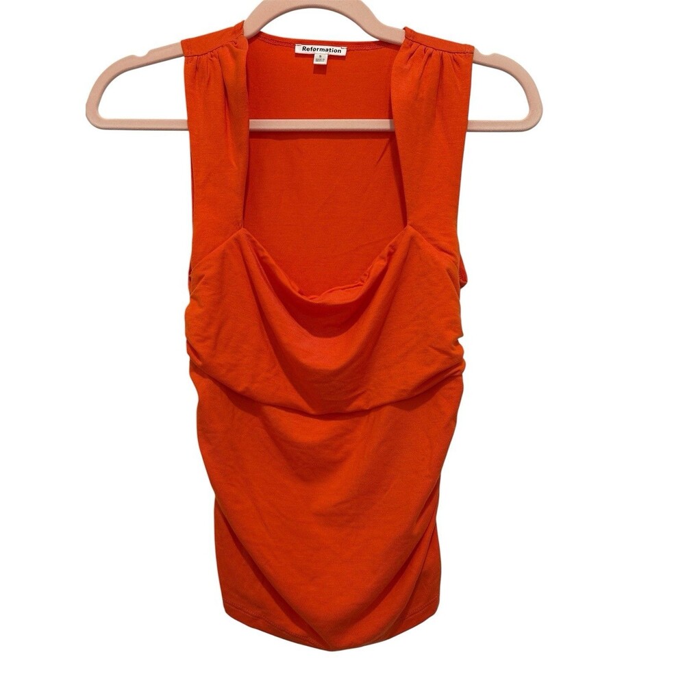 Reformation Women's Orange Square Neck Ruched Sides Cap Sleeve Top Sz. Small